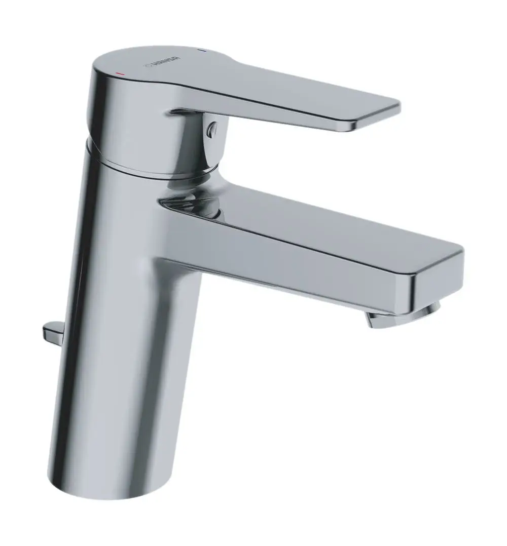 Einhebelmischer in Chrom-Optik mit geradlinigem Design und seitlichem Hebel. Auslaufform mit integrierter Zugstangenablaufgarnitur von HANSATWIST.